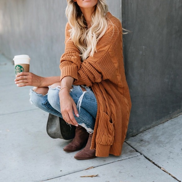 NWT Camel Cable Knit Pocket Boyfriend Cardigan - Picture 8 of 8